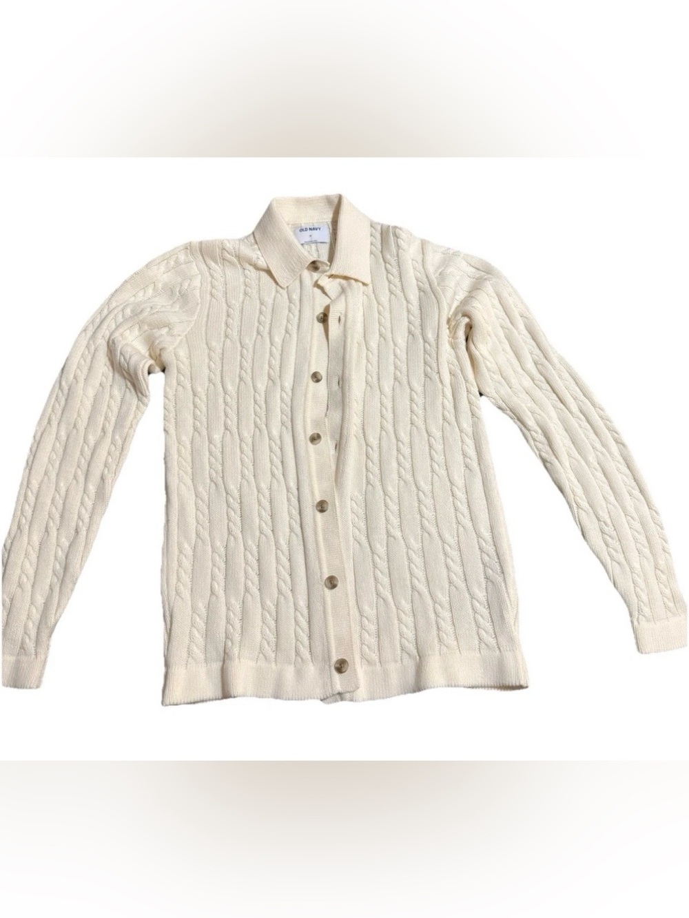 New Old Navy Men's Cream Cable Knit Polo-Front Cardigan